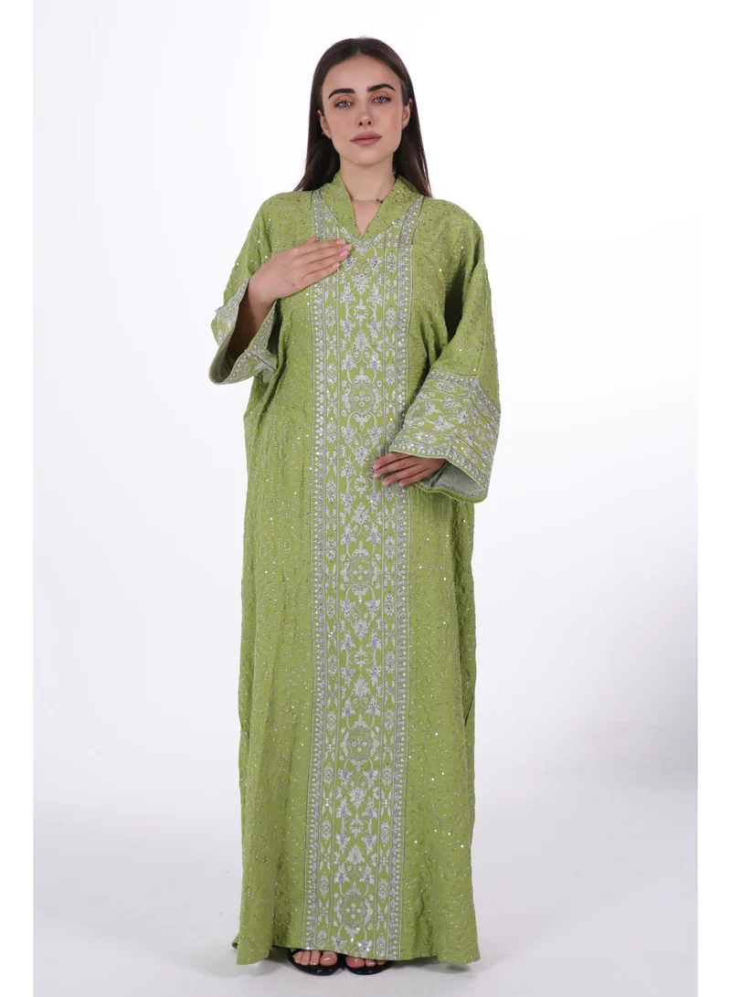 AL BENT AL SHARQIEH kiwi Embroidered Linen Jalabiya dress with unvisible belt for Women | Best Price UAE